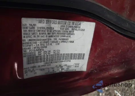 2001 Mercury Sable Ls from USA, damaged, VIN 1MEFM53U51A641276